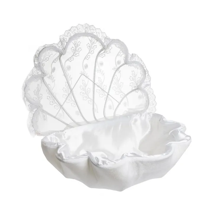 סלסלה יוקרתית בצורת צדפה עם בד סאטן ותחרה למארזי יוקרה גודל גדול. 36X55 עומק 20