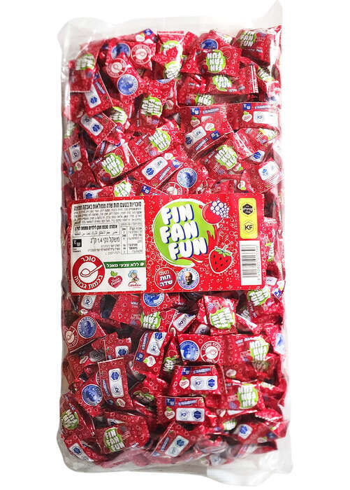 סוכריות שרשרת בטעם תות שדה ממולאות באבקה חמוצה. משקל כולל 1.4 ק"ג כל שרשרת מכילה 5 סוכריות עטופות. כ-100 סוכריות. מחיר לסוכריה כ-0.70 ש"ח.